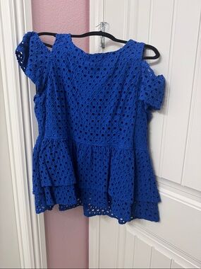 Lane Bryant Royal Blue Eyelet Cold-Shoulder Peplum Top